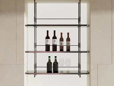Modern Wall Mounted Wine Rack With Wine Bottles And Glasses 3d model