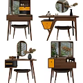 Modern Wooden Dressing Table With Yellow Drawers Round Mirror And Stool 3d model