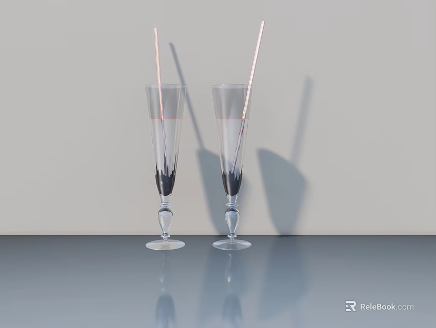 Two Tall Wine Glasses With Straws On Gray Tabletop Light Wall Background Shadows And Reflections 3d model 