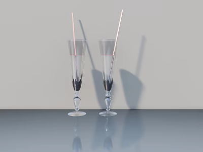 Two Tall Wine Glasses With Straws On Gray Tabletop Light Wall Background Shadows And Reflections 3d model