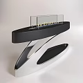 Modern Display Shelves With Black Silver Structure Glass Panels And Flame Like Lighting