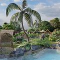 Tropical Garden Landscape With Water Pools Rocks Palm Trees And Wooden Bridge