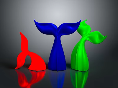 Colorful Aquatic Animal Tail Sculptures in Red Blue Green with Gray Gradient Background and Reflection 3d model