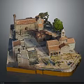Architectural Model of Traditional Village Buildings with Red Tiled Roofs Tower and Green Trees