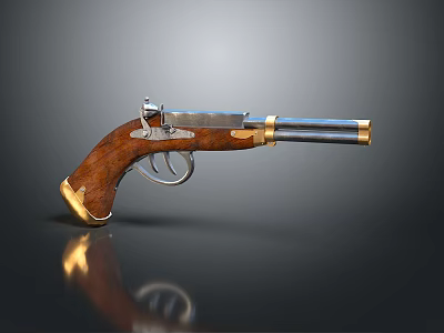 Vintage Old Fashioned Pistol With Wooden Grip Metal Parts And Gold Accents 3d model