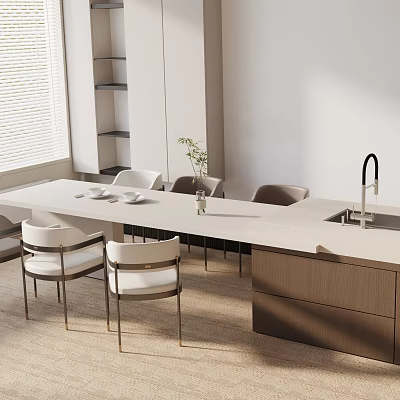 Modern Minimalist Dining Table Set With White Countertop Chairs Sink And Tableware 3d model