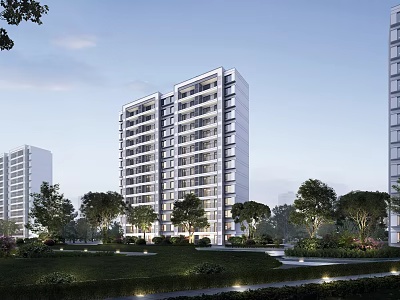 Modern High Rise Residential Building Exterior With Greenery Trees And Lawn 3d model