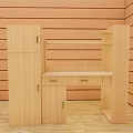 Natural Wooden Desk With Cabinet And Bookshelf In Cozy Wooden Room