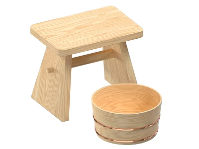 Natural Wooden Square Stool And Round Bucket For Practical Household Use 3d model