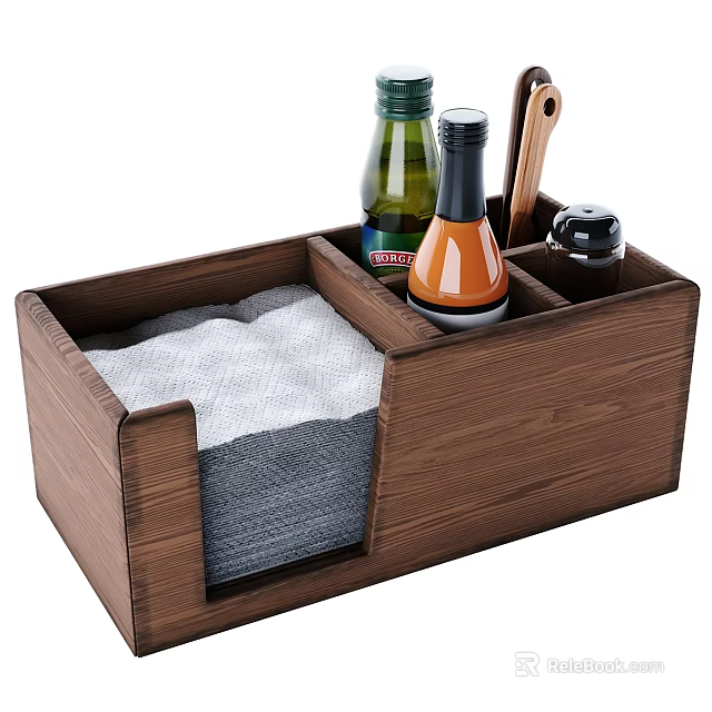 Wooden Tableware Organizer Set With Condiment Bottles Wooden Spoon Spice Grinder And Towels 3d model 