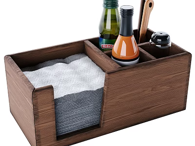 Wooden Tableware Organizer Set With Condiment Bottles Wooden Spoon Spice Grinder And Towels 3d model