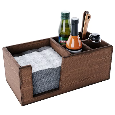 Wooden Tableware Organizer Set With Condiment Bottles Wooden Spoon Spice Grinder And Towels 3d model