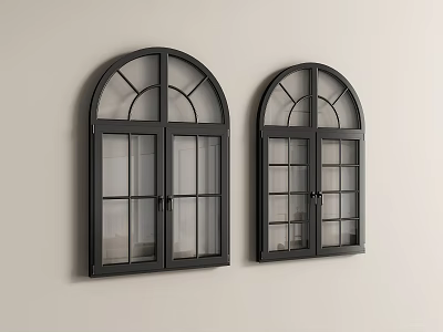 Stylish Black Frame Casement Windows With Arched Top And Double Glass Panes On Interior Wall 3d model