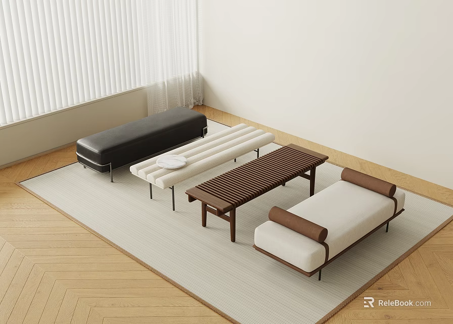 Contemporary Sofa Bench Set With Black Leather White Fabric Brown Wooden Frames And Natural Light 3d model 
