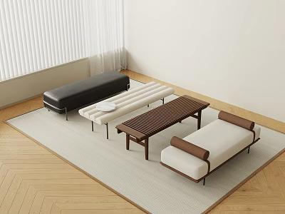 Contemporary Sofa Bench Set With Black Leather White Fabric Brown Wooden Frames And Natural Light 3d model