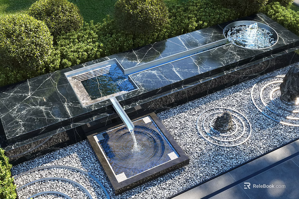 Garden Ornamental Water Feature With Marble Countertop Fountain Pebble Stone Floor And Trimmed Green Shrubs 3d model 