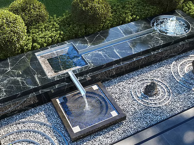 Garden Ornamental Water Feature With Marble Countertop Fountain Pebble Stone Floor And Trimmed Green Shrubs 3d model
