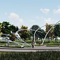 Garden Ornament With Spiral Metal Structures Circular Lawn Areas Trees And People