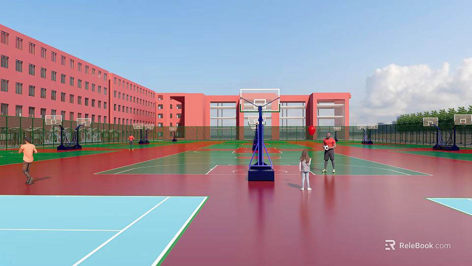 Outdoor Basketball Court With Red Buildings Green Red Surface And Players 3d model 