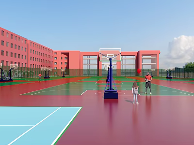 Outdoor Basketball Court With Red Buildings Green Red Surface And Players 3d model