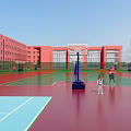 Outdoor Basketball Court With Red Buildings Green Red Surface And Players