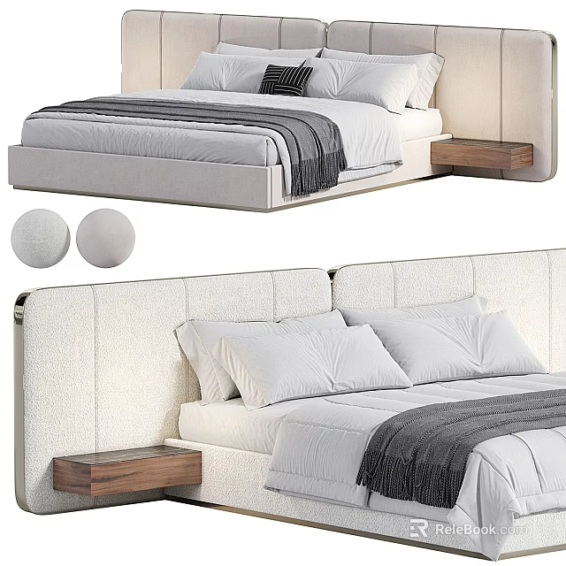 Modern Double Bed With Padded Headboard White Bedding Gray Throw Blanket And Wooden Side Nightstands 3d model 