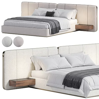 Modern Double Bed With Padded Headboard White Bedding Gray Throw Blanket And Wooden Side Nightstands 3d model