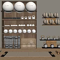 Sports Equipment Organization with White Exercise Balls Kettlebells Yoga Mats and Wooden Shelves