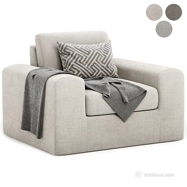 Light Gray Accent Chair With Geometric Pattern Pillow And Throw Blanket 3d model
