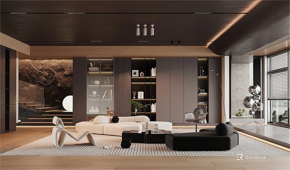 Modern Minimalist Living Room Interior Featuring White Sofa Black Coffee Table Display Shelves And Plant 3d model 