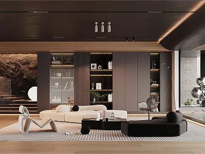 Modern Minimalist Living Room Interior Featuring White Sofa Black Coffee Table Display Shelves And Plant 3d model