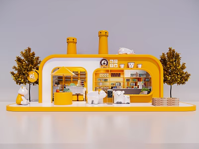 Commercial Outdoor Seating For Coffee Shop With Yellow Building Umbrella White Tables And Trees 3d model