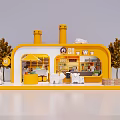Commercial Outdoor Seating For Coffee Shop With Yellow Building Umbrella White Tables And Trees