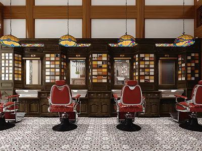 Vintage Hair Salon Interior With Red Barber Chairs Mirrors And Stained Glass Pendant Lights 3d model