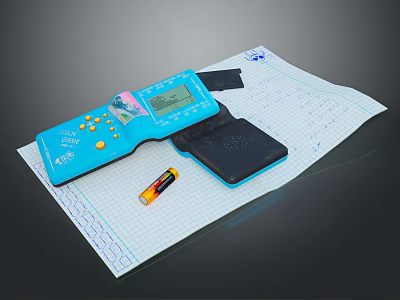 Blue Handheld Electronic Device With Display Screen Buttons Battery And Paper 3d model