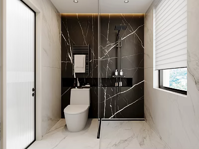 Modern Bathroom Interior With Black And White Marble Walls Toilet Mirror And Shower Fixtures 3d model