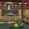 Traditional Chinese Restaurant Interior With Arched Doorway Carved Windows And Red Gold Decor