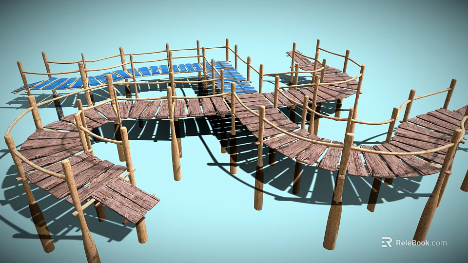 Wooden Outdoor Walkway With Curved Design Railings Wooden Posts Blue Planks 3d model 