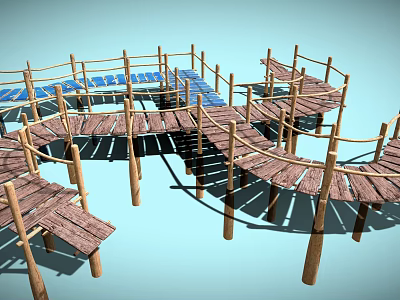 Wooden Outdoor Walkway With Curved Design Railings Wooden Posts Blue Planks 3d model