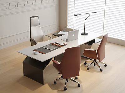 Modern Office Desk With Laptop Lamp Cup White High Back Brown Rolling Chairs Window Blinds 3d model