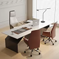 Modern Office Desk With Laptop Lamp Cup White High Back Brown Rolling Chairs Window Blinds