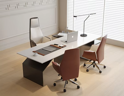 Modern Office Desk With Laptop Lamp Cup White High Back Brown Rolling Chairs Window Blinds 3d model
