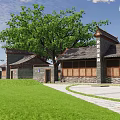 Traditional Building With Tile Roof Wooden Windows And Surrounding Trees On Green Lawn