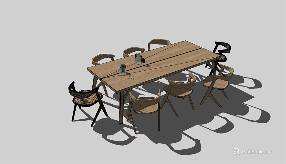Wooden Dining Table Set With Mixed Design Chairs And Tabletop Accessories 3d model
