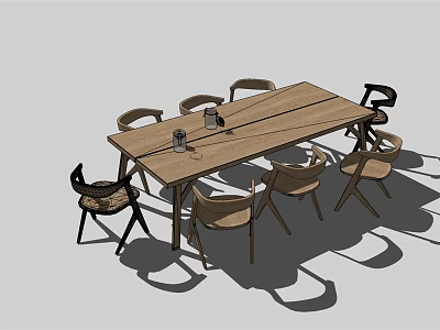 Wooden Dining Table Set With Mixed Design Chairs And Tabletop Accessories 3d model