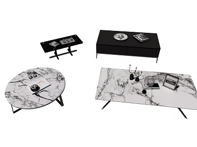 Stylish Coffee Tables Featuring Various Designs Marble Texture Round Rectangular Shapes And Decor Items 3d model