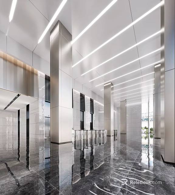 Modern Front Desk Reception Area With Metallic Columns Marble Flooring And Linear Ceiling Lights 3d model 