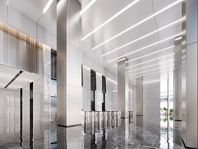 Modern Front Desk Reception Area With Metallic Columns Marble Flooring And Linear Ceiling Lights 3d model