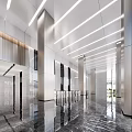 Modern Front Desk Reception Area With Metallic Columns Marble Flooring And Linear Ceiling Lights 3d model