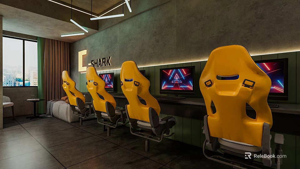 Modern Hotel Guest Room With Yellow Seats And TV Screens In Lounge Area 3d model 